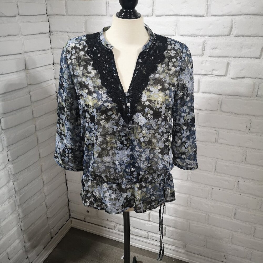 NWT Reitmans Petites Ladies Size Medium Petite Black w/ Blue Taupe & Grey Blouse